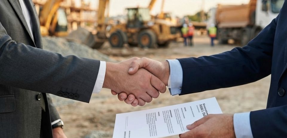 Handshake in front of heavy equipment at a job site